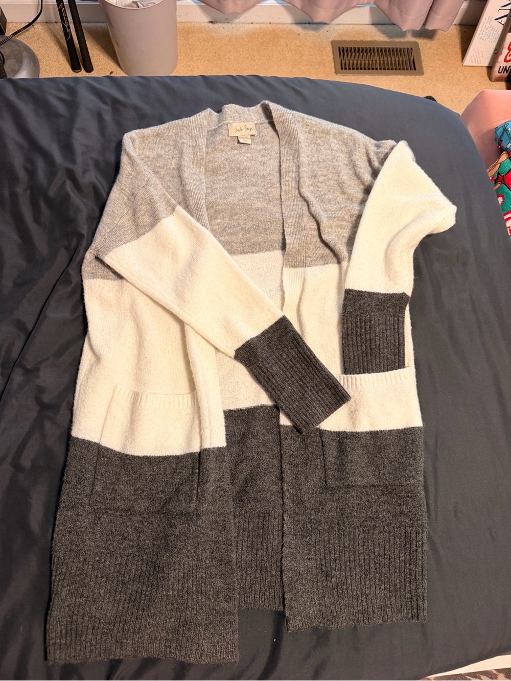 Charlie Paige Gray and Cream Colorblock Open Cardigan